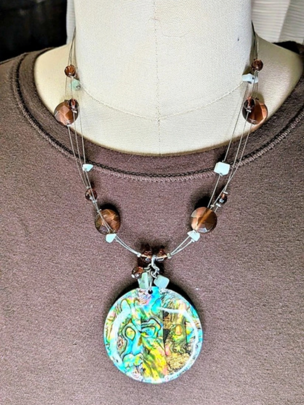 Faux Abalone Shell Iridescent Round Statement Pendant Multi Strand Bead Necklace